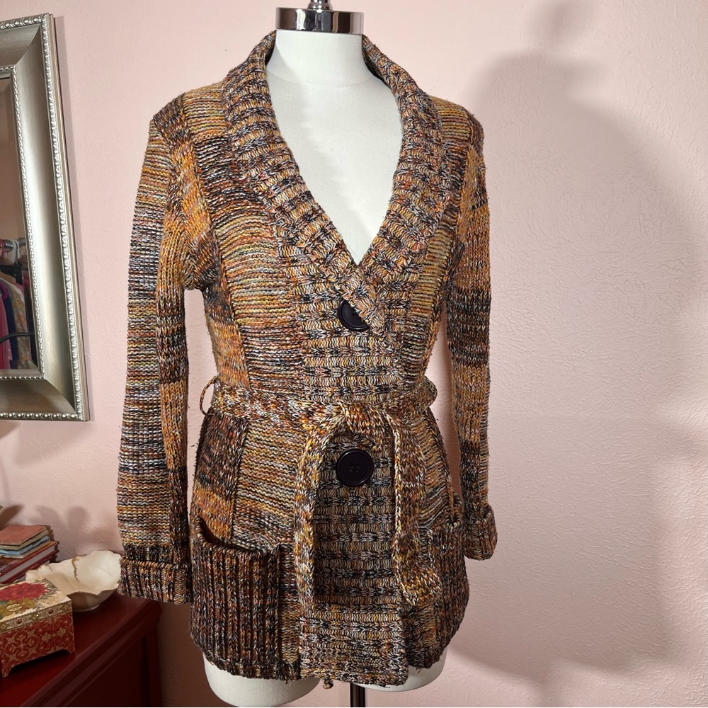 Vintage 60 70 Mod Patchwork Plaid Brown Burnt Orange Tie waist Cardigan Sweater - Picture 12 of 16